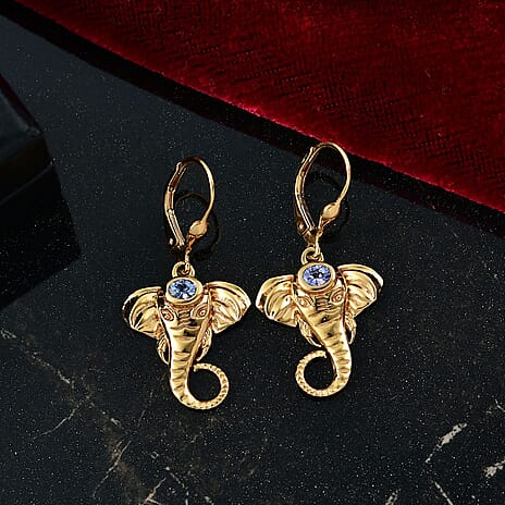 D'joy Tanzanite Elephant Earring with Lever Back in 18K Yellow Gold Plated Overlay Sterling Silver