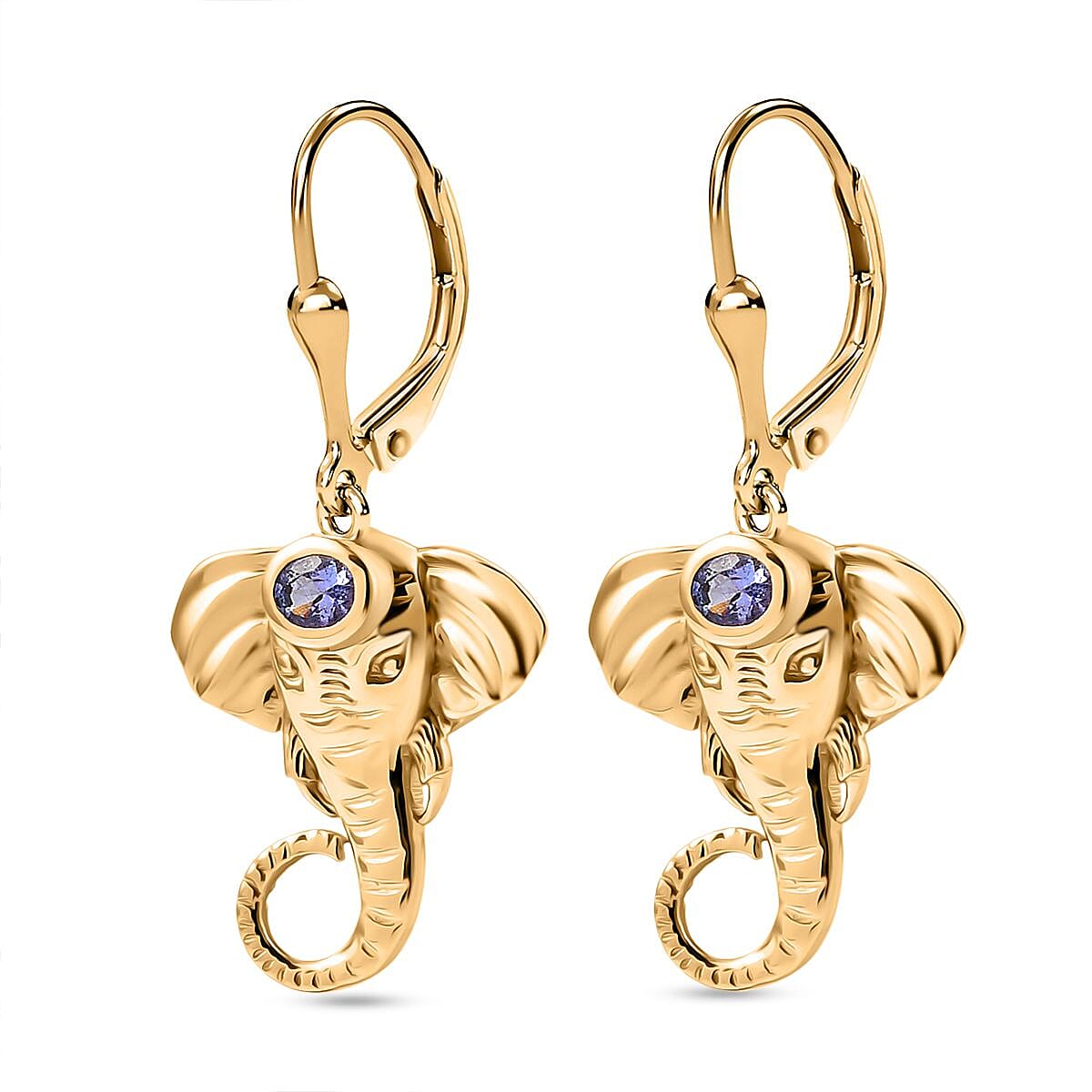 D'joy Tanzanite Elephant Earring with Lever Back in 18K Yellow Gold Plated Overlay Sterling Silver