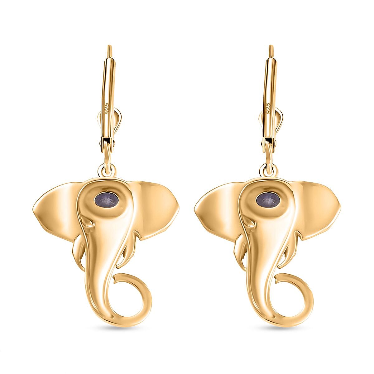 D'joy Tanzanite Elephant Earring with Lever Back in 18K Yellow Gold Plated Overlay Sterling Silver