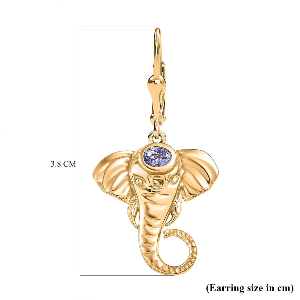 D'joy Tanzanite Elephant Earring with Lever Back in 18K Yellow Gold Plated Overlay Sterling Silver