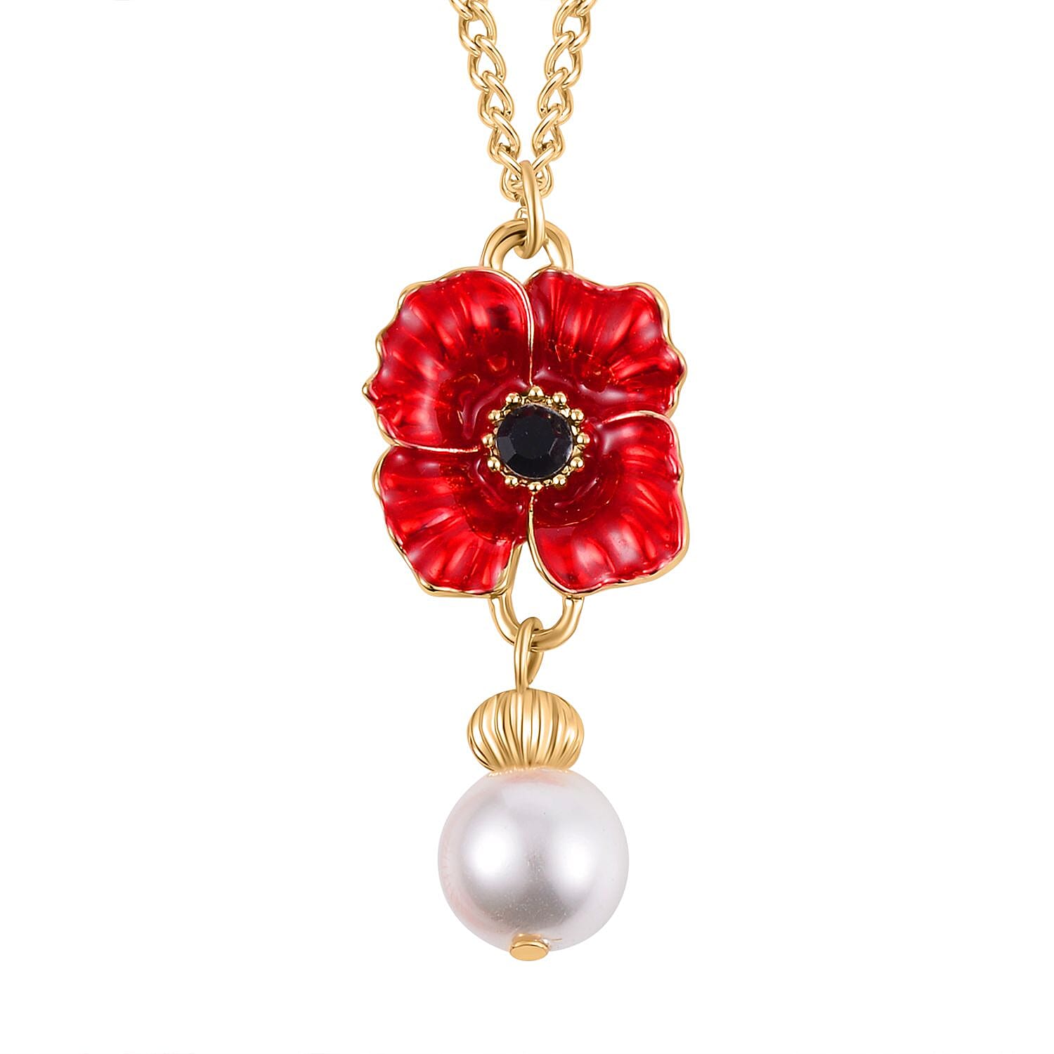 White Shell Pearl & Austrian Black Crystal Necklace (Size 20 - 2 Ext) in Yellow Gold Plated