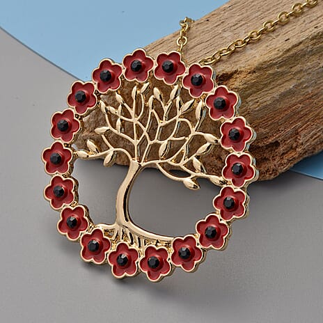 Austrian Black Crystal Tree of Life Necklace (Size 24) in Yellow Gold Plated