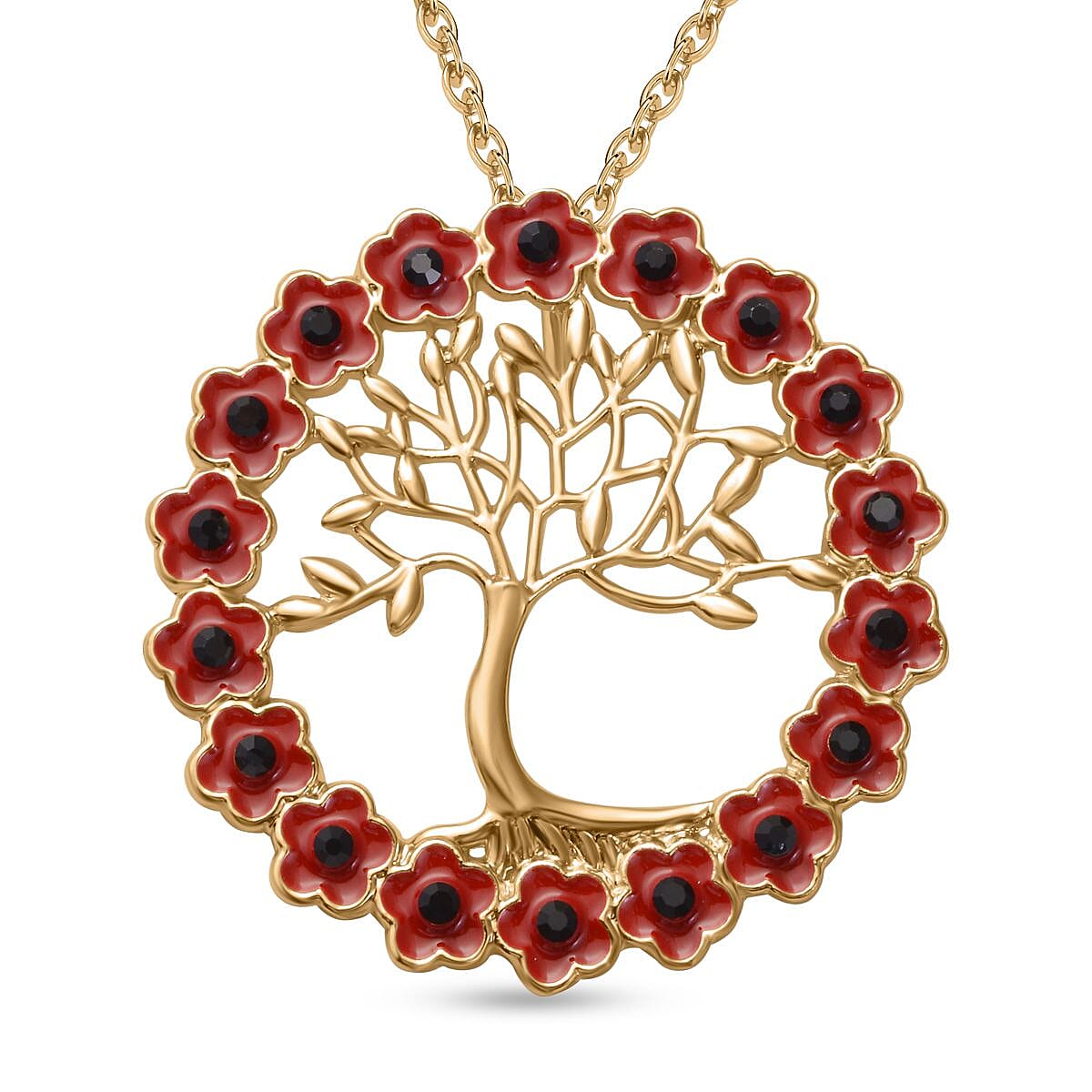 Austrian Black Crystal Tree of Life Necklace (Size 24) in Yellow Gold Plated
