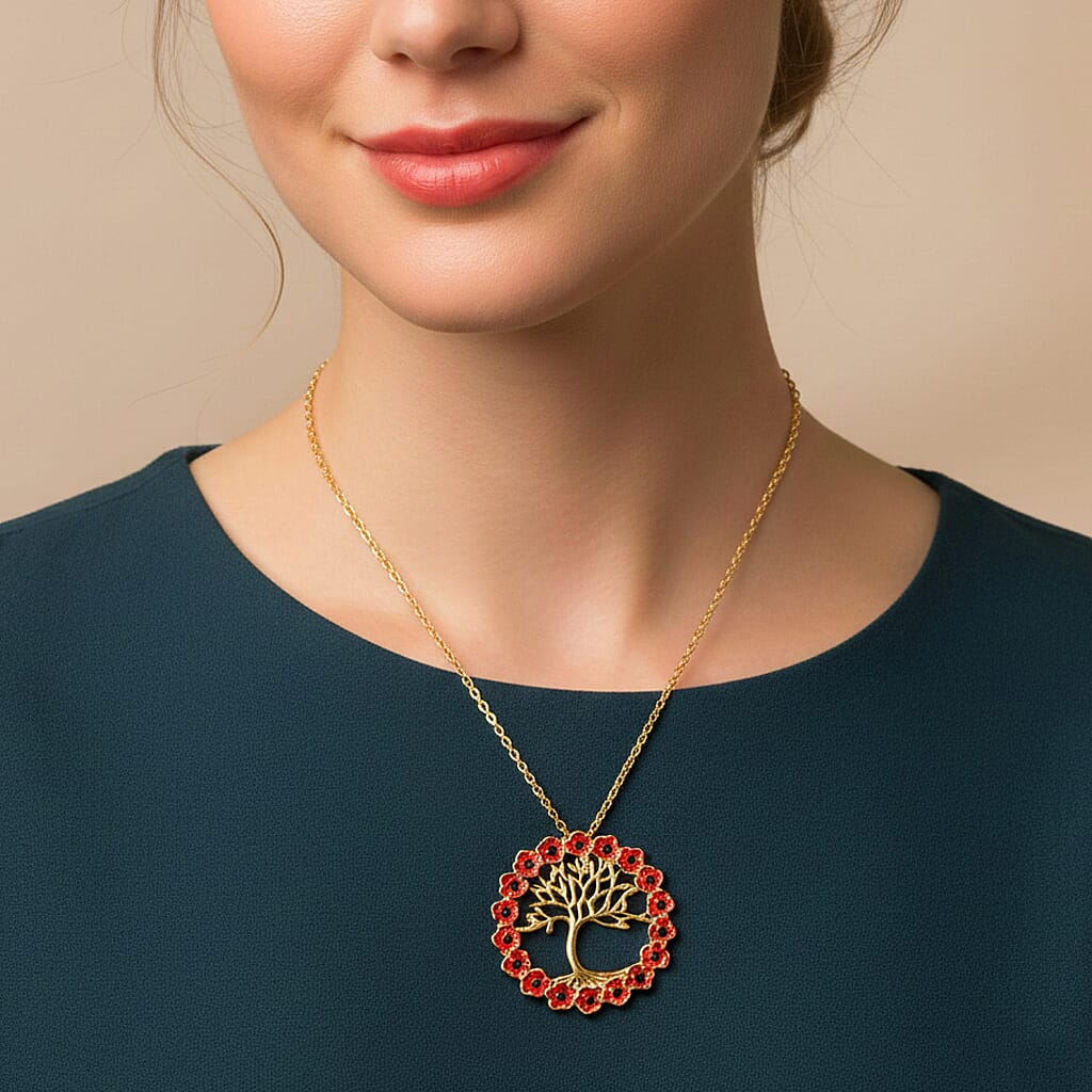 Austrian Black Crystal Tree of Life Necklace (Size 24) in Yellow Gold Plated