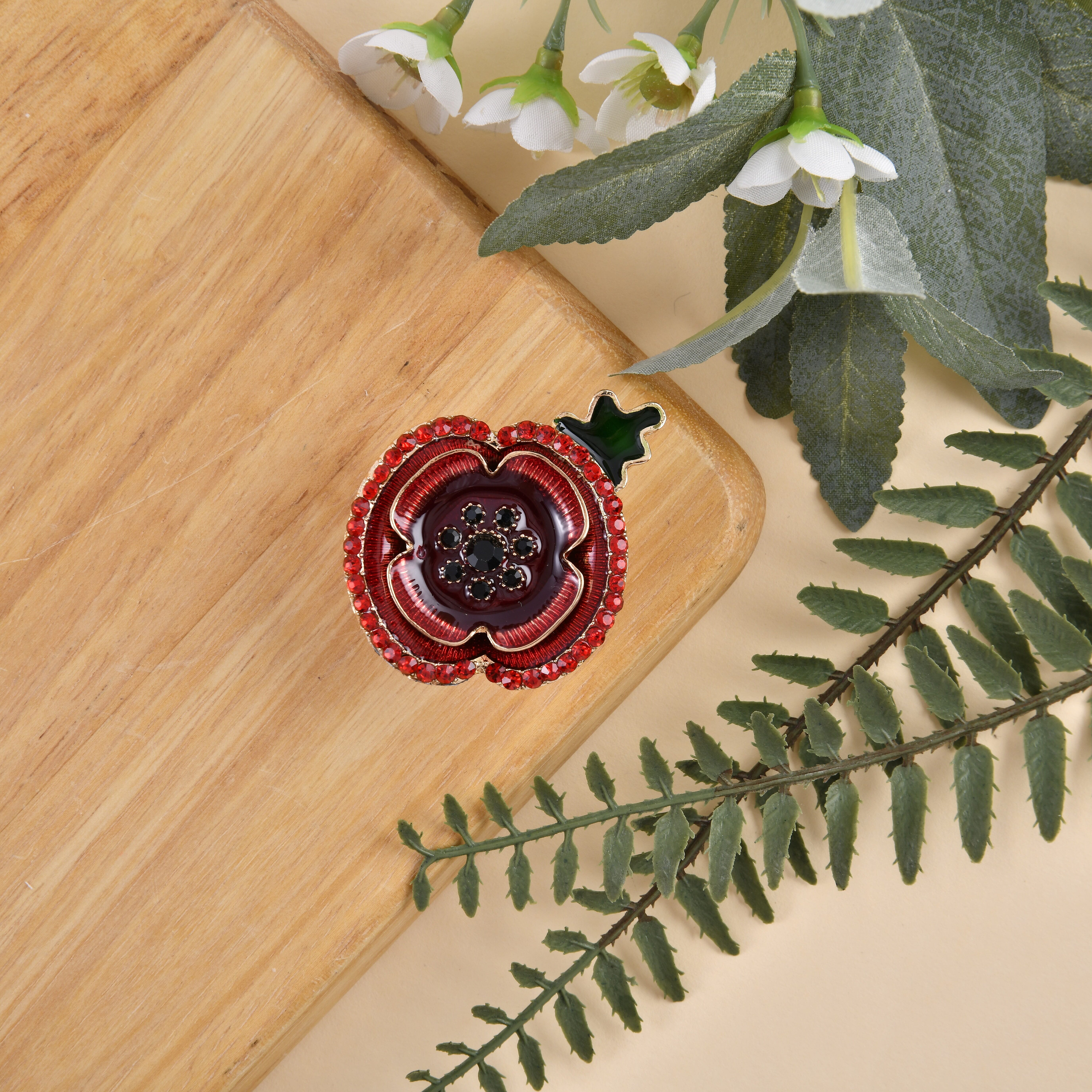Austrian Red Crystal & Austrian Black Crystal Magnetic Brooch in Yellow Gold Tone