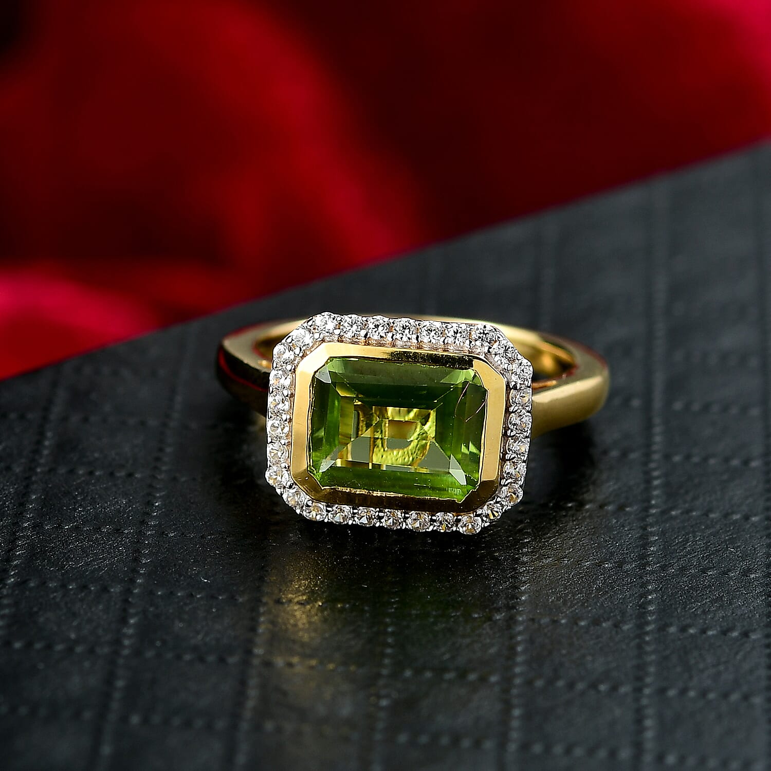 D'joy White Zircon & Deco Natural Hebei Peridot Bloom Ring in 18K Yellow Gold Plating Sterling Silver 2.76 Ct.