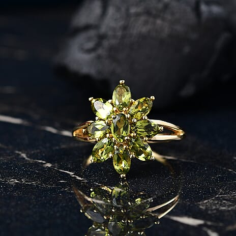 D'joy Natural Hebei Peridot Bloom Ring in 18K Yellow Gold Plating Sterling Silver 2.07 Ct.