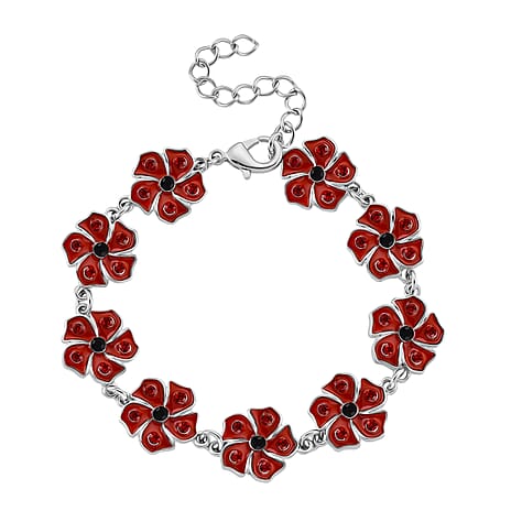 Austrian Black Crystal & Austrian Red Crystal Bracelet (Size 8 - 2 Ext) in Silver Tone