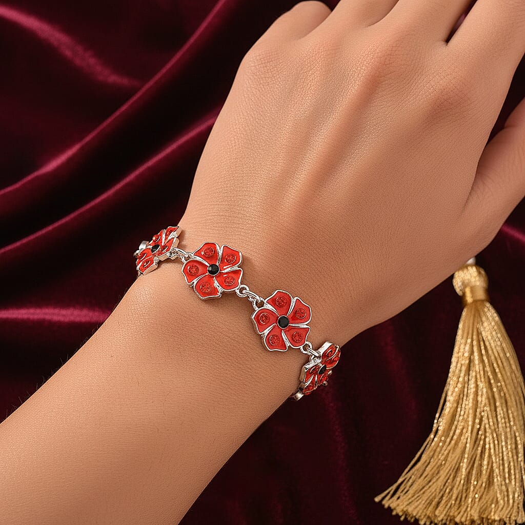 Austrian Black Crystal & Austrian Red Crystal Bracelet (Size 8 - 2 Ext) in Silver Tone