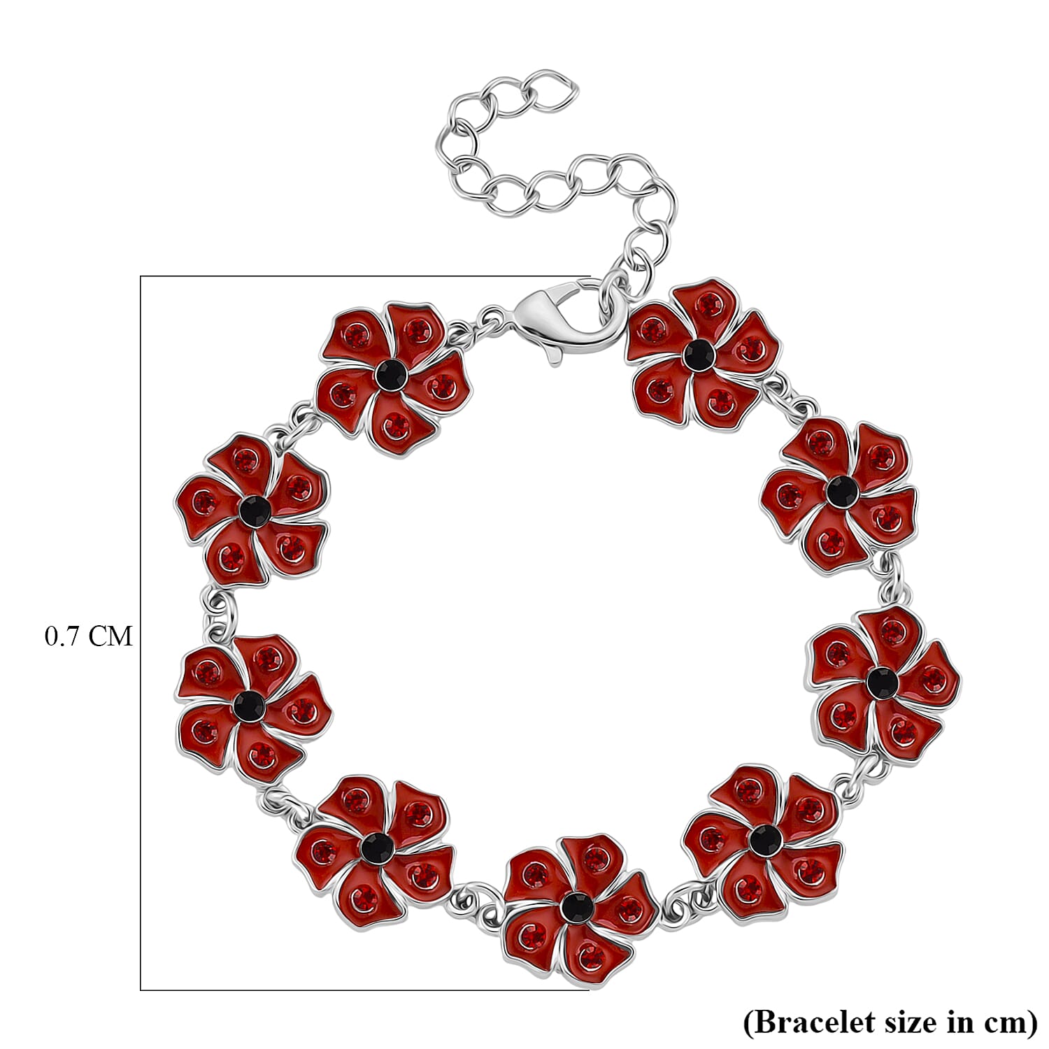 Austrian Black Crystal & Austrian Red Crystal Bracelet (Size 8 - 2 Ext) in Silver Tone