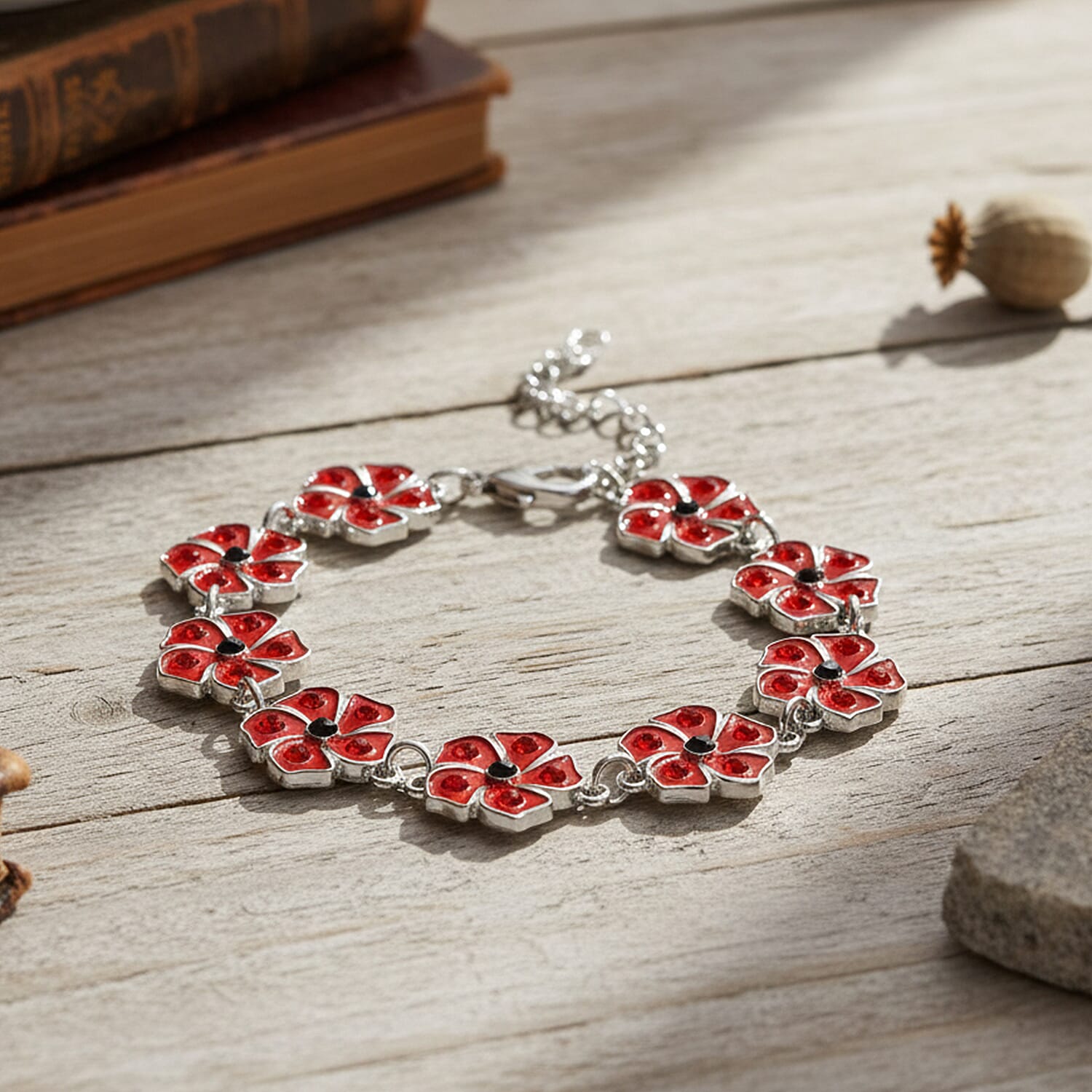 Austrian Black Crystal & Austrian Red Crystal Bracelet (Size 8 - 2 Ext) in Silver Tone