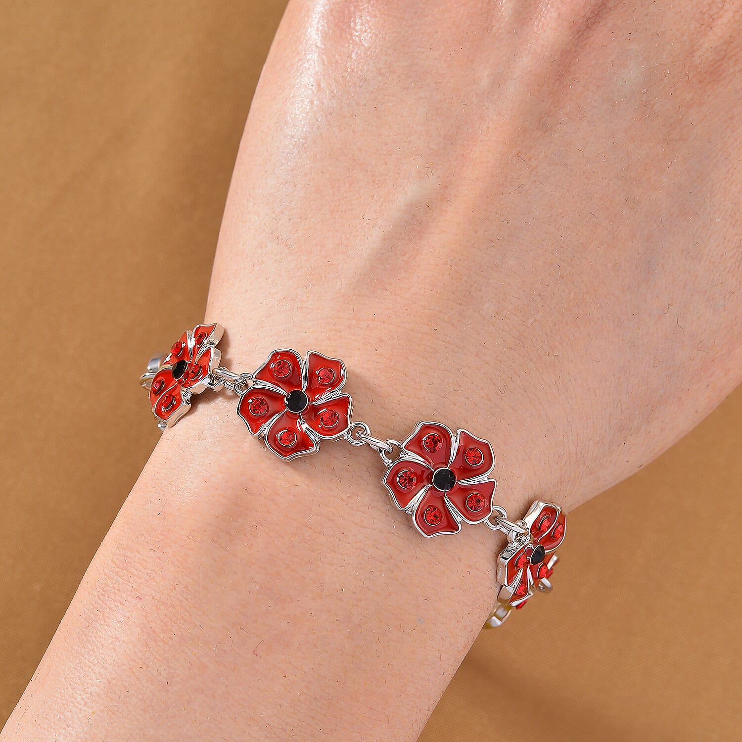 Austrian Black Crystal & Austrian Red Crystal Bracelet (Size 8 - 2 Ext) in Silver Tone