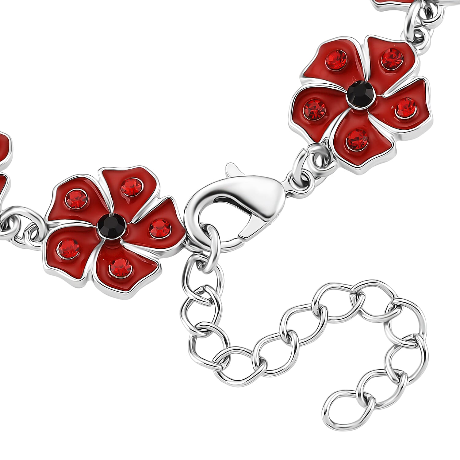 Austrian Black Crystal & Austrian Red Crystal Bracelet (Size 8 - 2 Ext) in Silver Tone