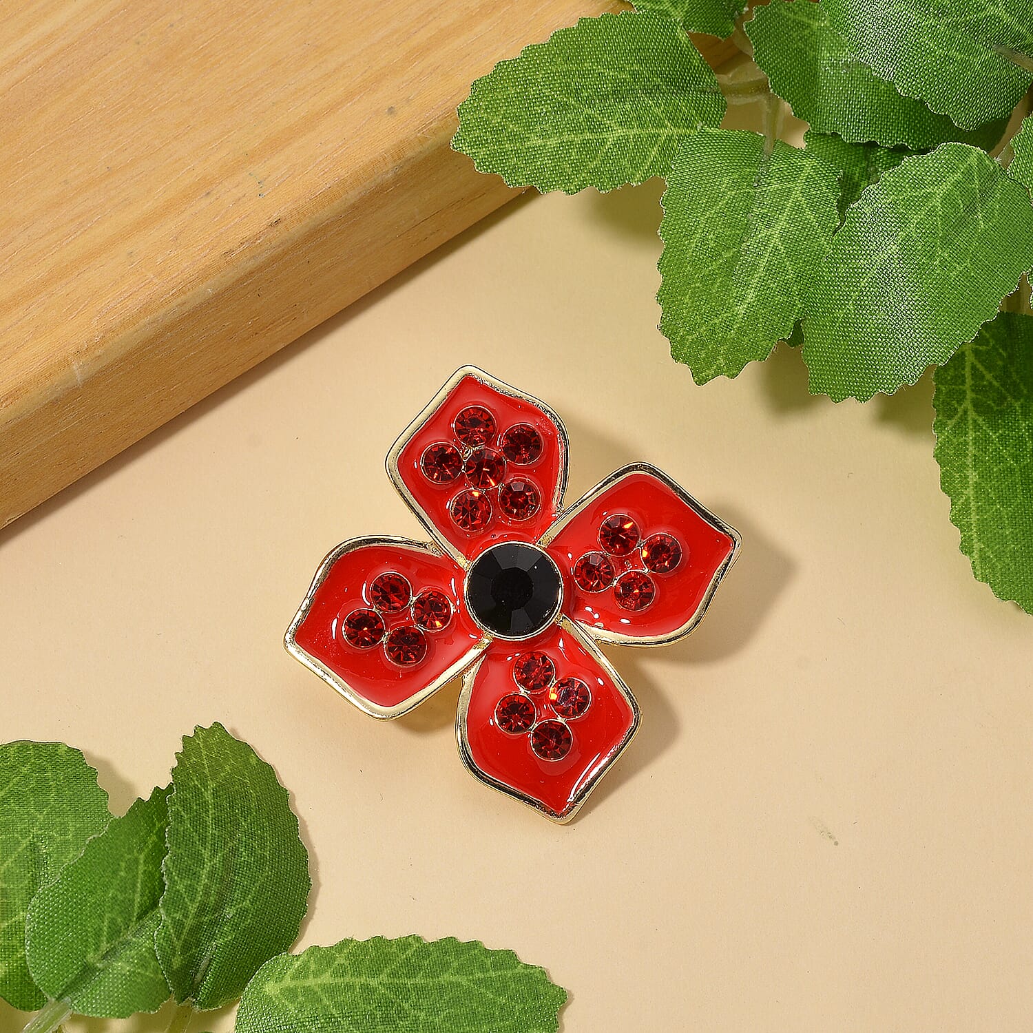 Austrian Black Crystal & Austrian Red Crystal Brooch in Yellow Gold Tone