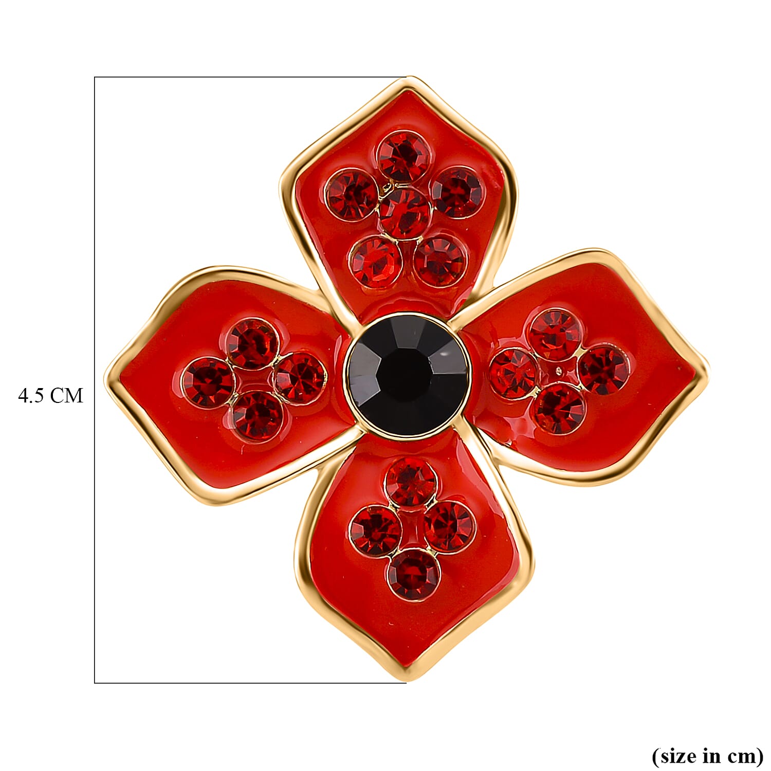 Austrian Black Crystal & Austrian Red Crystal Brooch in Yellow Gold Tone