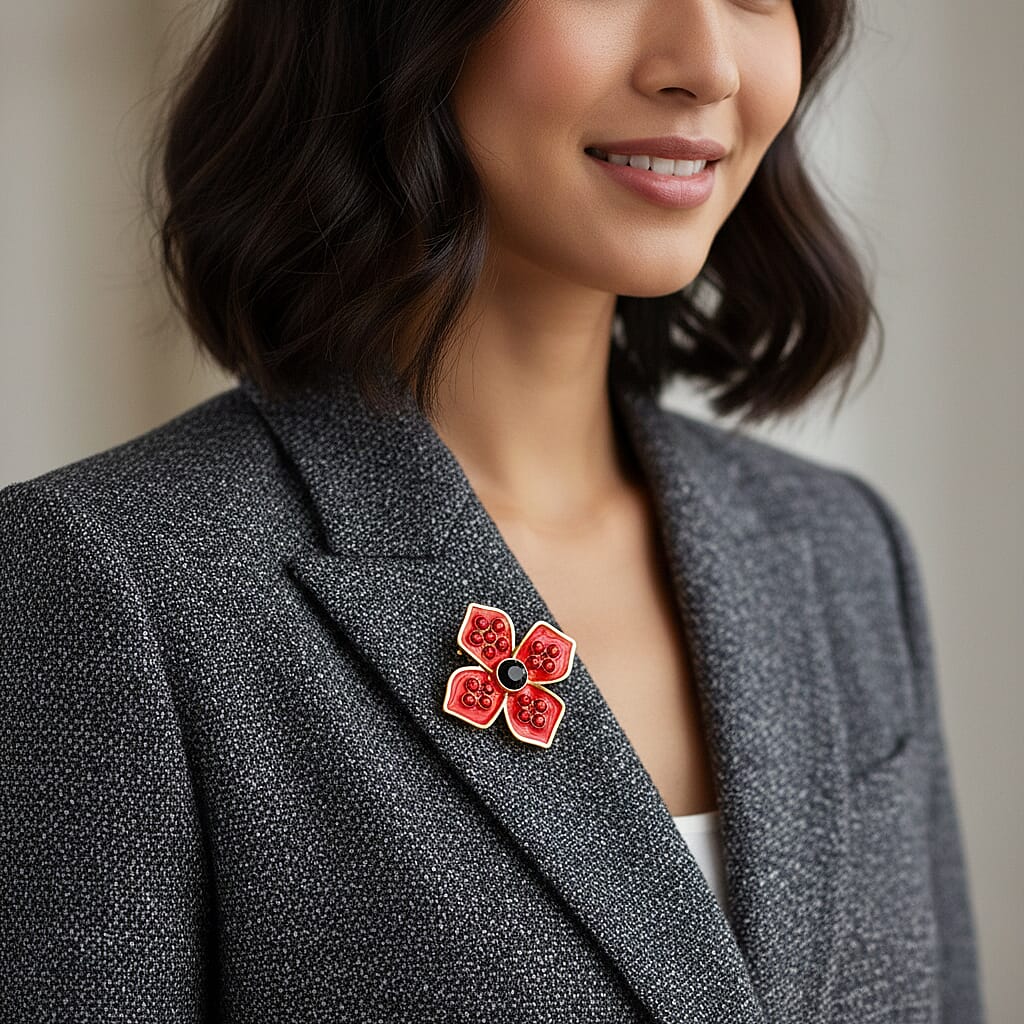 Austrian Black Crystal & Austrian Red Crystal Brooch in Yellow Gold Tone