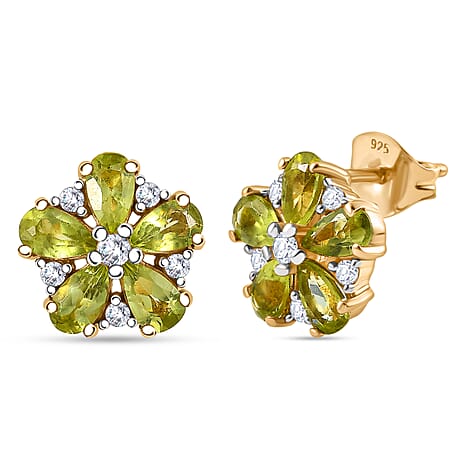 D'joy Natural Hebei Peridot & White Zircon Solitaire Stud Push Post Meadow Bloom Earring in Yellow Gold Plating Sterling Silver 2.46 Ct.