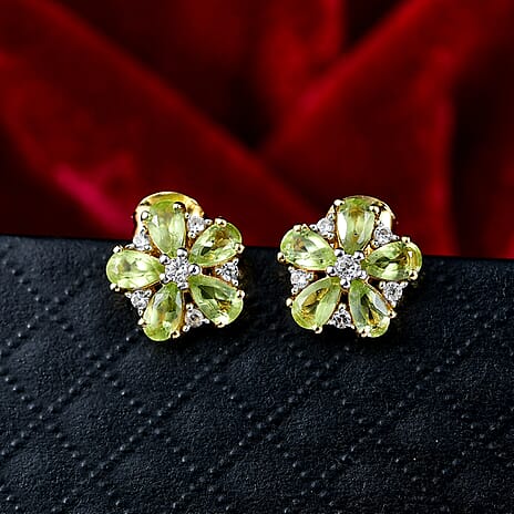 D'joy Natural Hebei Peridot & White Zircon Solitaire Stud Push Post Meadow Bloom Earring in Yellow Gold Plating Sterling Silver 2.46 Ct.