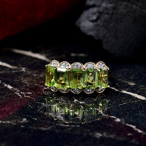 D'joy White Zircon & Natural Hebei Peridot Garden Row Ring in Yellow Gold Plating Sterling Silver 3.61 Ct.