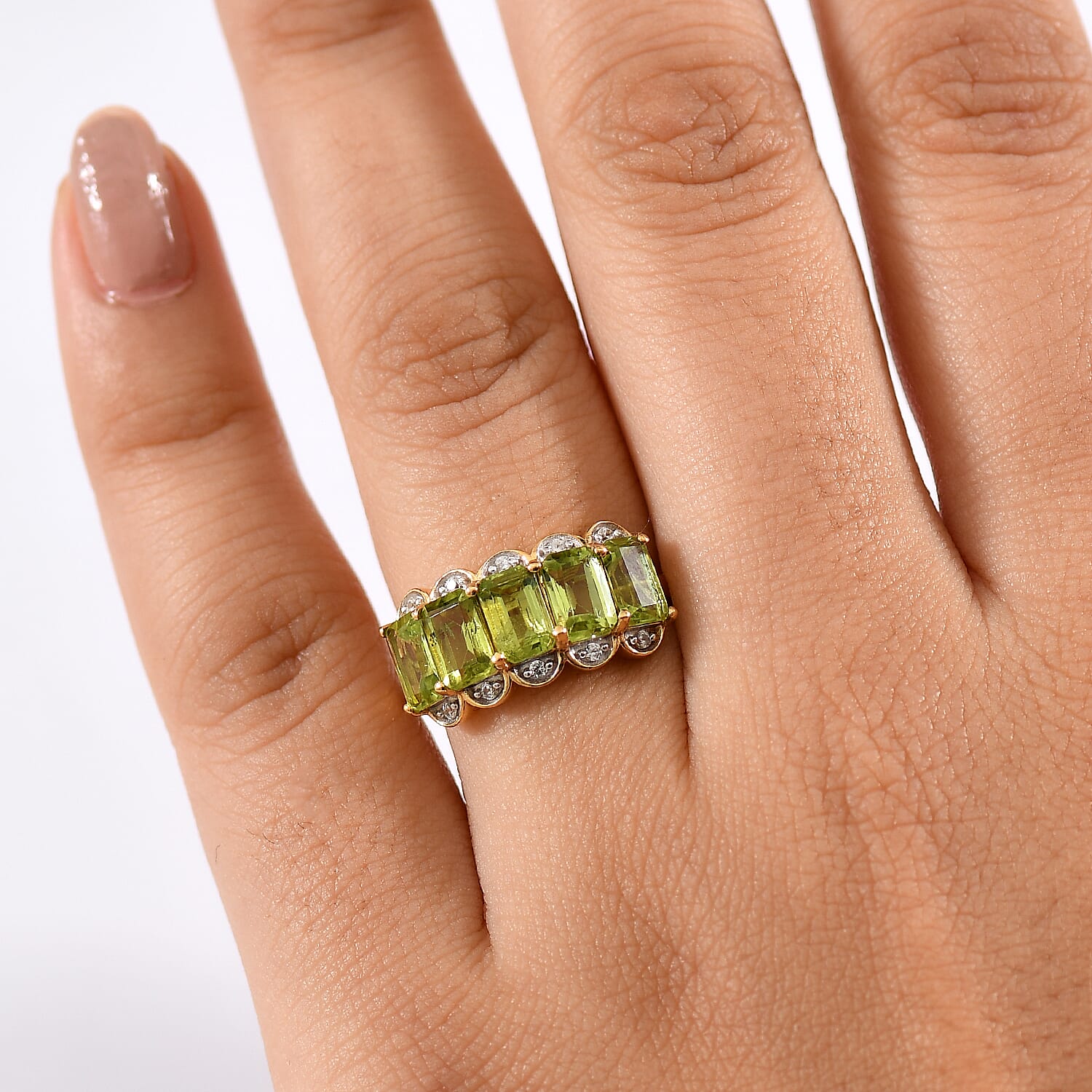 D'joy White Zircon & Peridot Garden Row Ring in Yellow Gold Plating Sterling Silver 3.61 Ct.