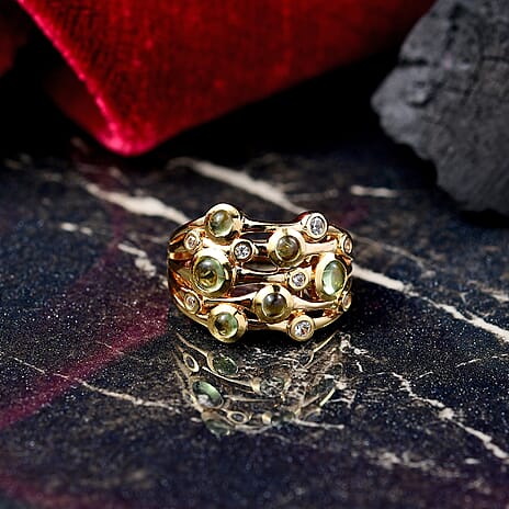 D'joy White Zircon & Natural Hebei Peridot Waves of Renewal Ring in Yellow Gold Plating Sterling Silver 1.49 Ct, Silver Wt. 5.44 Gms.