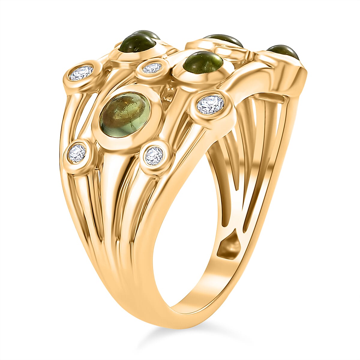 D'joy White Zircon & Peridot Waves of Renewal Ring in Yellow Gold Plating Sterling Silver 1.49 Ct, Silver Wt. 5.44 Gms.