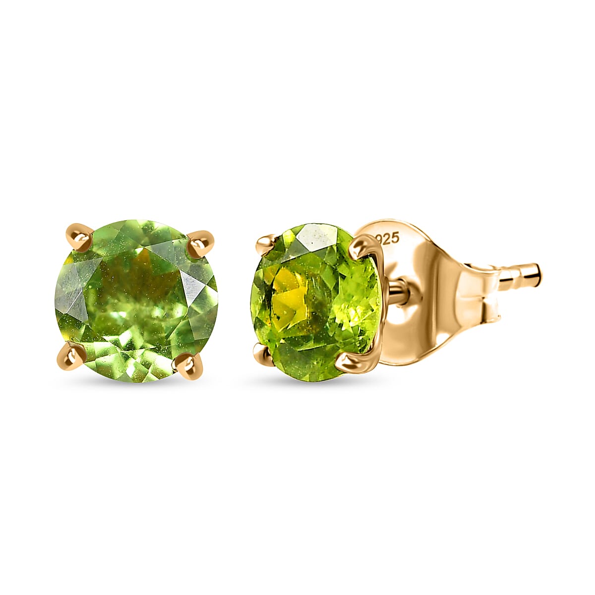 D'joy Garden Natural Hebei Peridot Studs 2 Stone Push Post Earring in Yellow Gold Plating Sterling Silver 1.75 Ct.