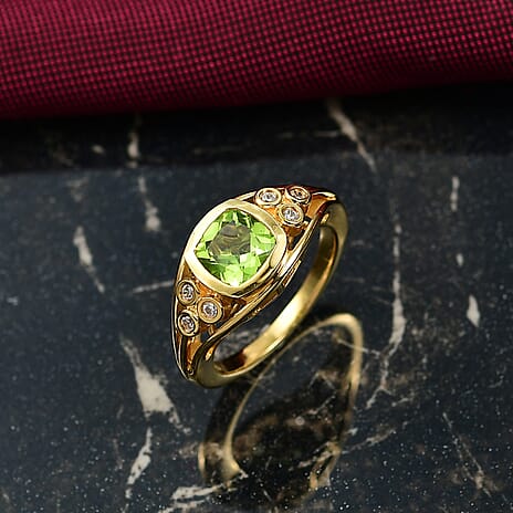 D'joy White Zircon & Natural Hebei Peridot Grove Ring in Yellow Gold Plating Sterling Silver 1.74 Ct.