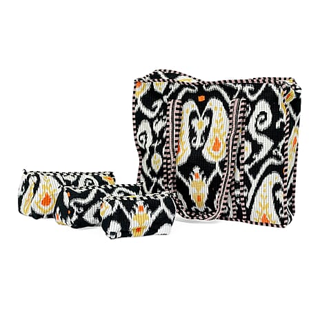THE HANDMADE LUXURY - Designer Inspired 100% Pure Cotton 4 Piece Designer Patterns Zipper Tote Bag with Pouches - Black