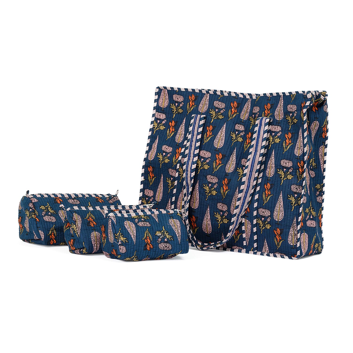 THE HANDMADE LUXURY - Designer Inspired 100% Pure Cotton 4 Piece Designer Patterns Zipper Tote Bag with Pouches - Navy