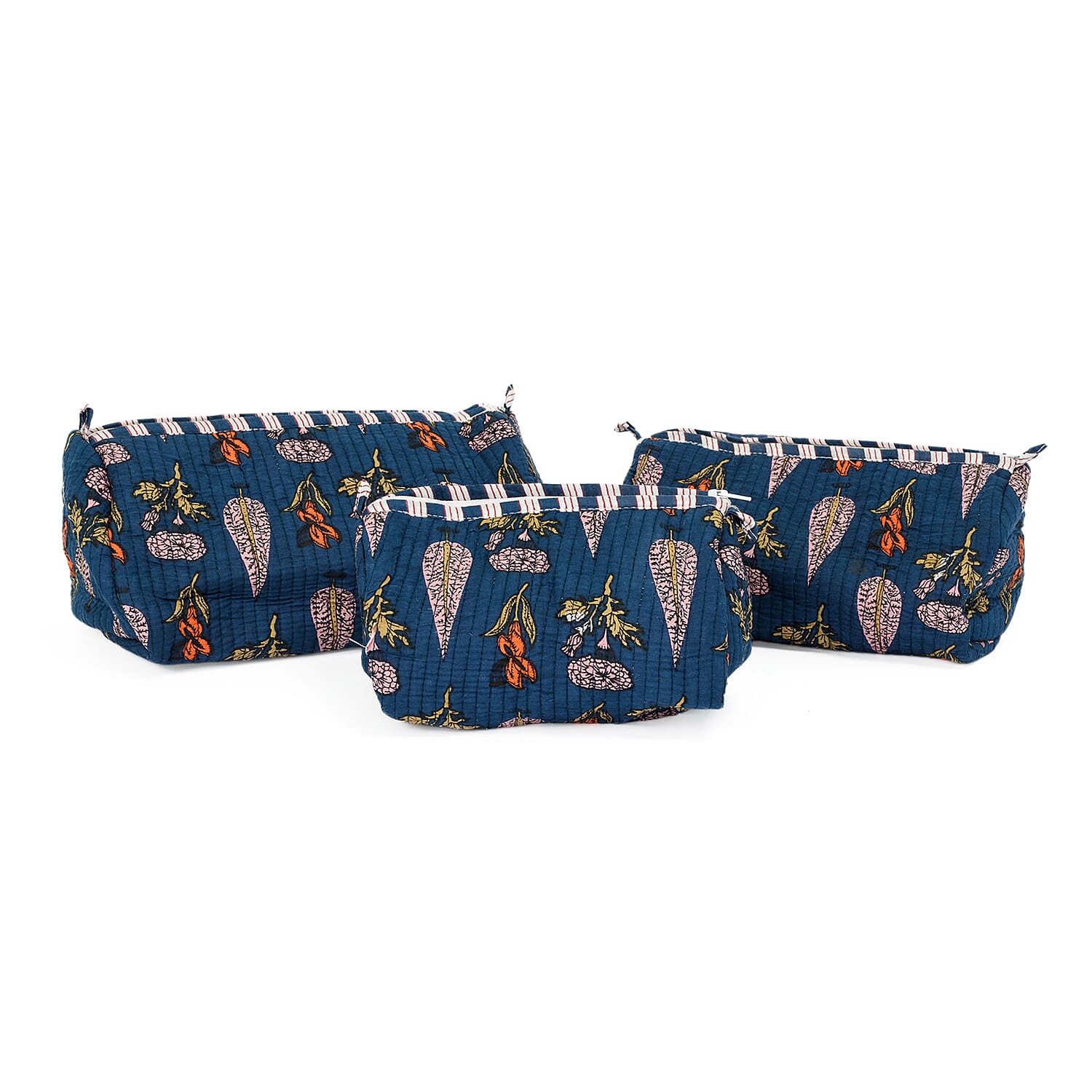 THE HANDMADE LUXURY - Designer Inspired 100% Pure Cotton 4 Piece Designer Patterns Zipper Tote Bag with Pouches - Navy