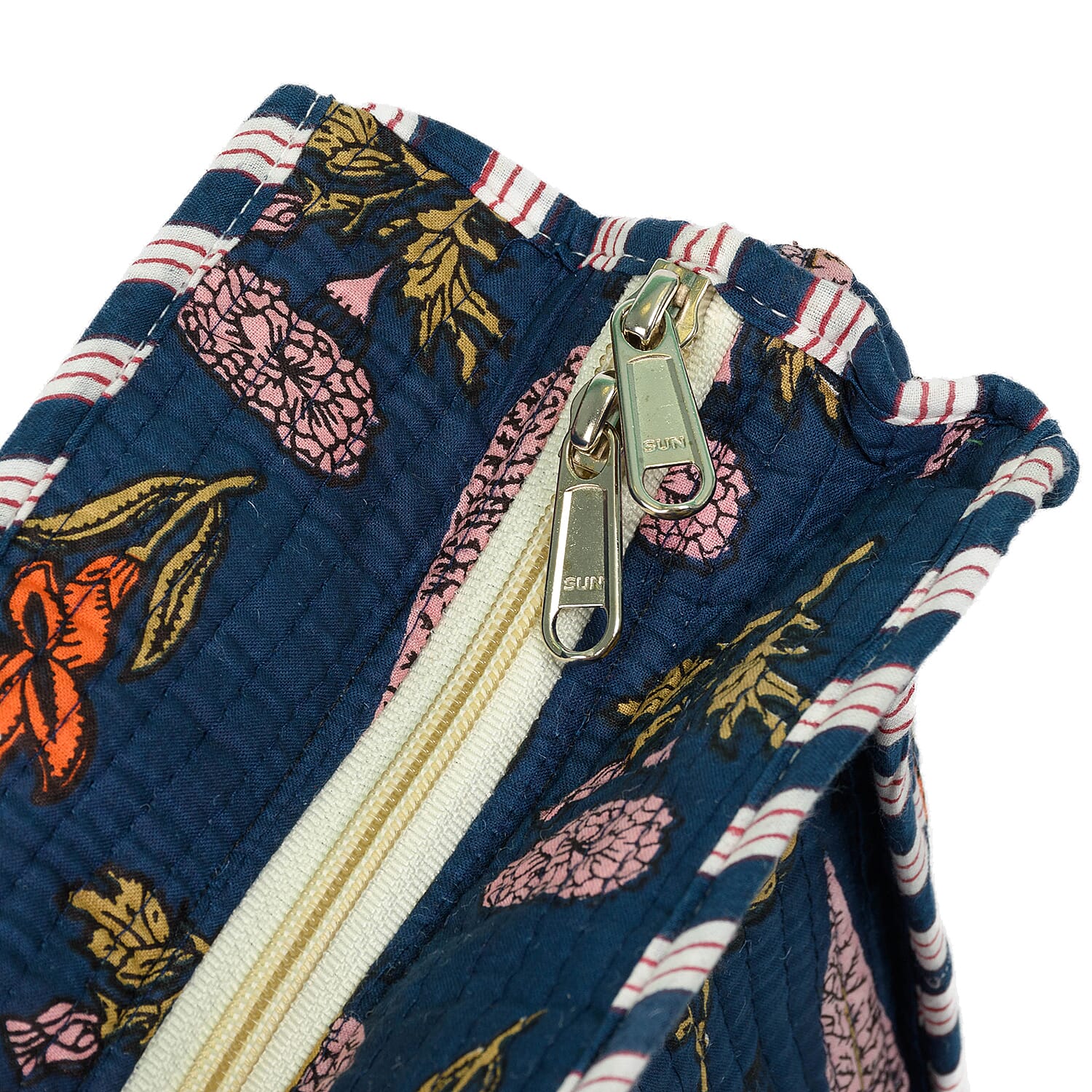 THE HANDMADE LUXURY - Designer Inspired 100% Pure Cotton 4 Piece Designer Patterns Zipper Tote Bag with Pouches - Navy