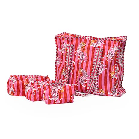 THE HANDMADE LUXURY - Designer Inspired 100% Pure Cotton 4 Piece Designer Patterns Zipper Tote Bag with Pouches - Pink