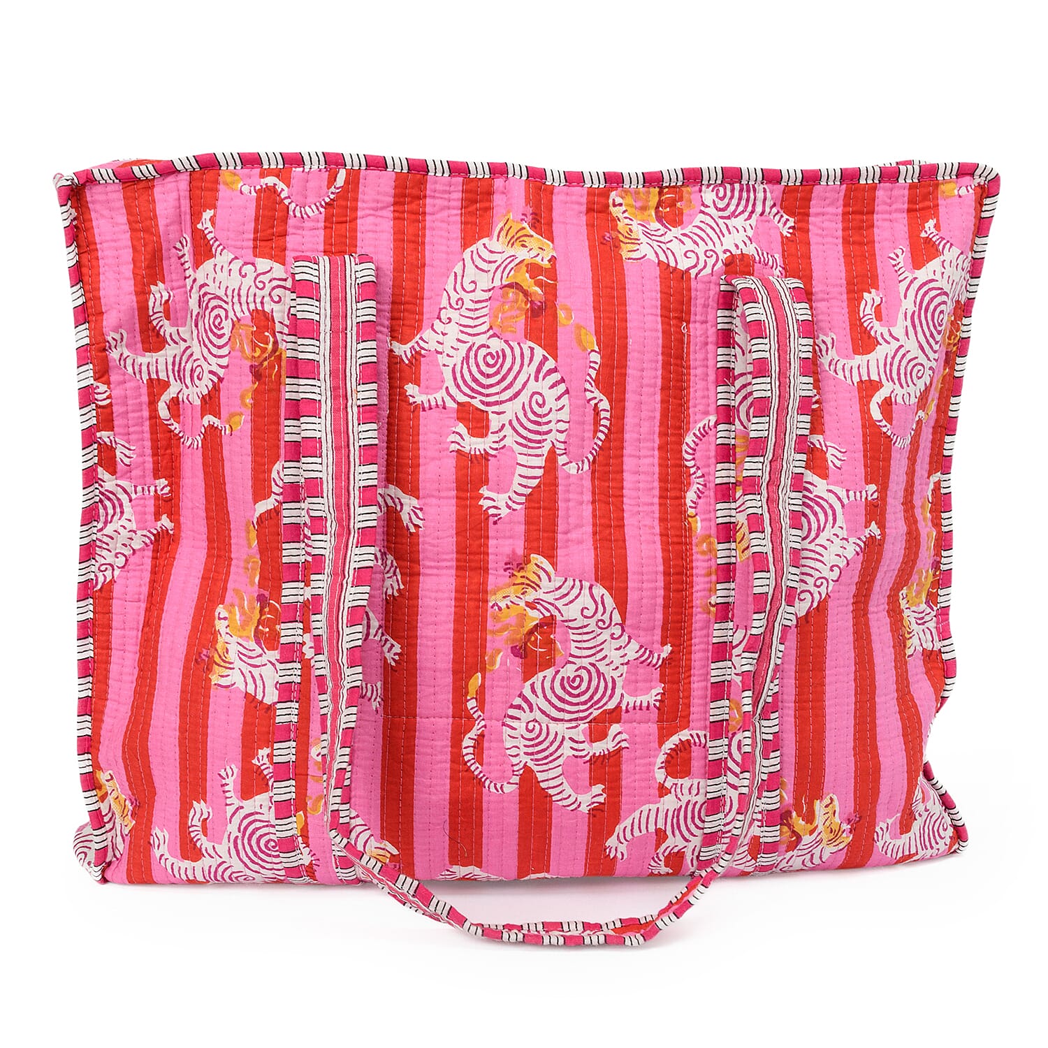THE HANDMADE LUXURY - Designer Inspired 100% Pure Cotton 4 Piece Designer Patterns Zipper Tote Bag with Pouches - Pink