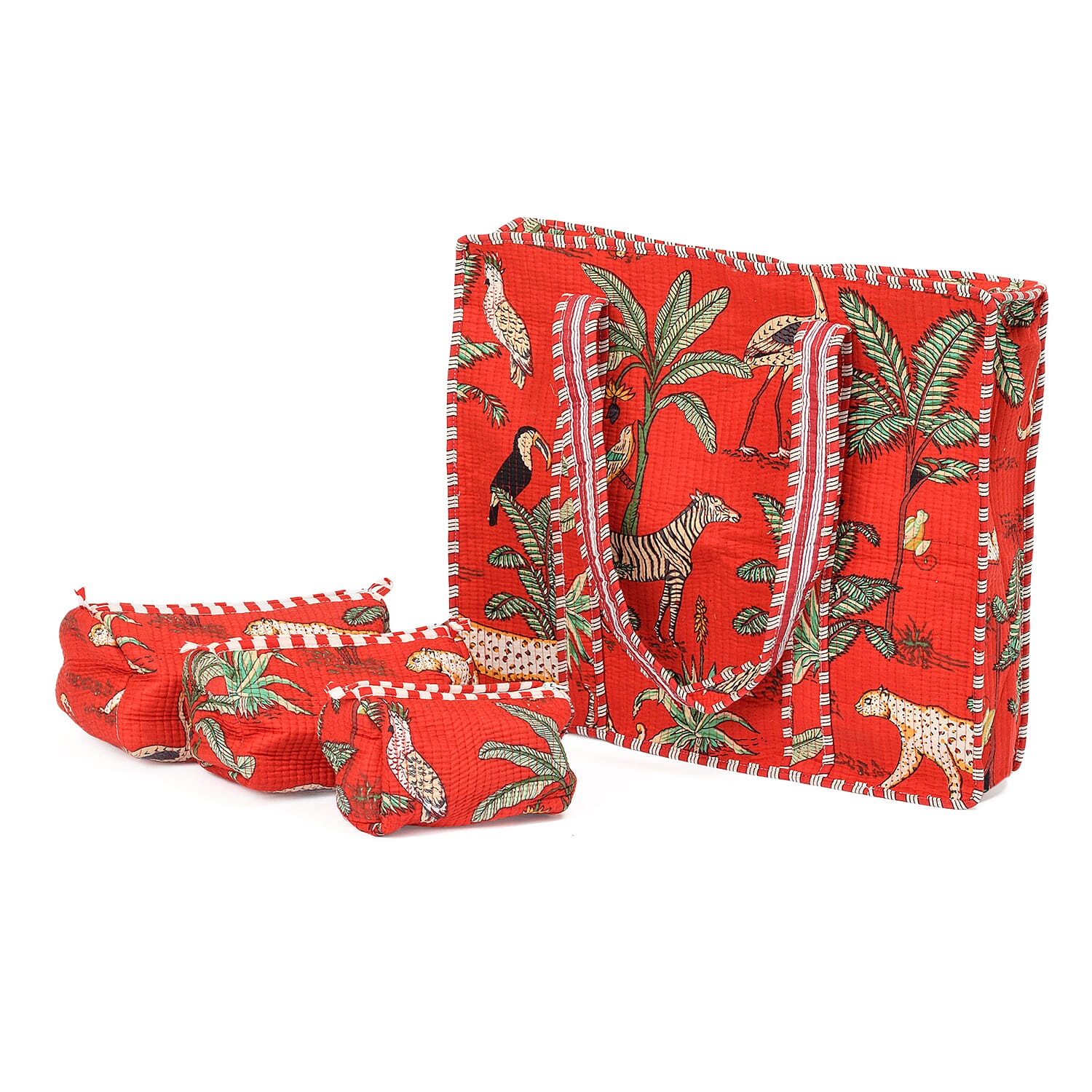 THE HANDMADE LUXURY - Designer Inspired 100% Pure Cotton Set of 4 With Designer patterns Zipper Tote Bag with Pouches - Bright Red