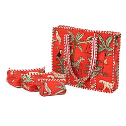 THE HANDMADE LUXURY - Designer Inspired 100% Pure Cotton Set of 4 With Designer patterns Zipper Tote Bag with Pouches - Bright Red