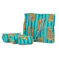 THE HANDMADE LUXURY - Designer Inspired 100% Pure Cotton 4 Piece Designer Patterns Zipper Tote Bag with Pouches - Teal