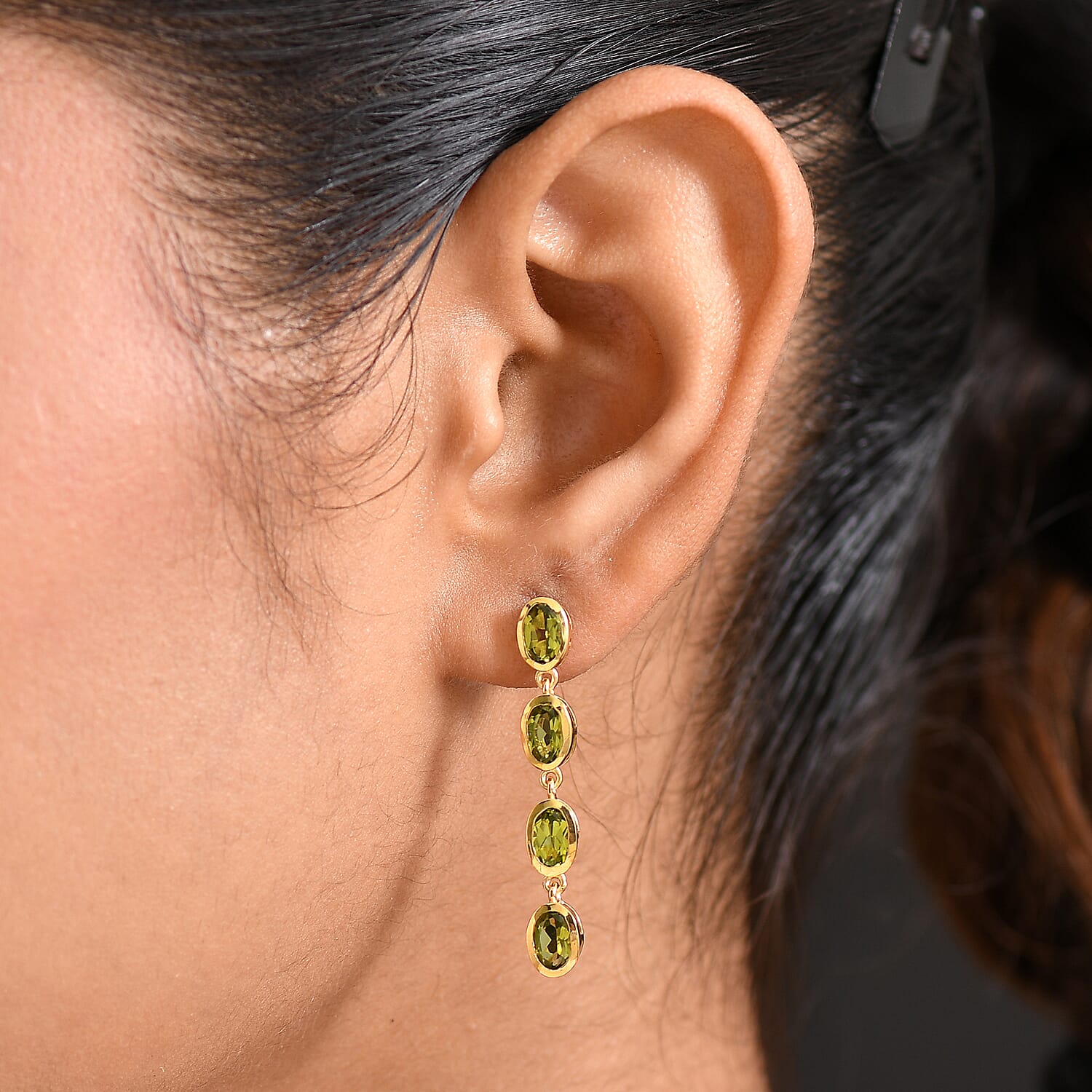 D'joy Natural Hebei Peridot Branchlet Dangles Earring with Push Back in Yellow Gold Plating Sterling Silver 3.87 Ct.