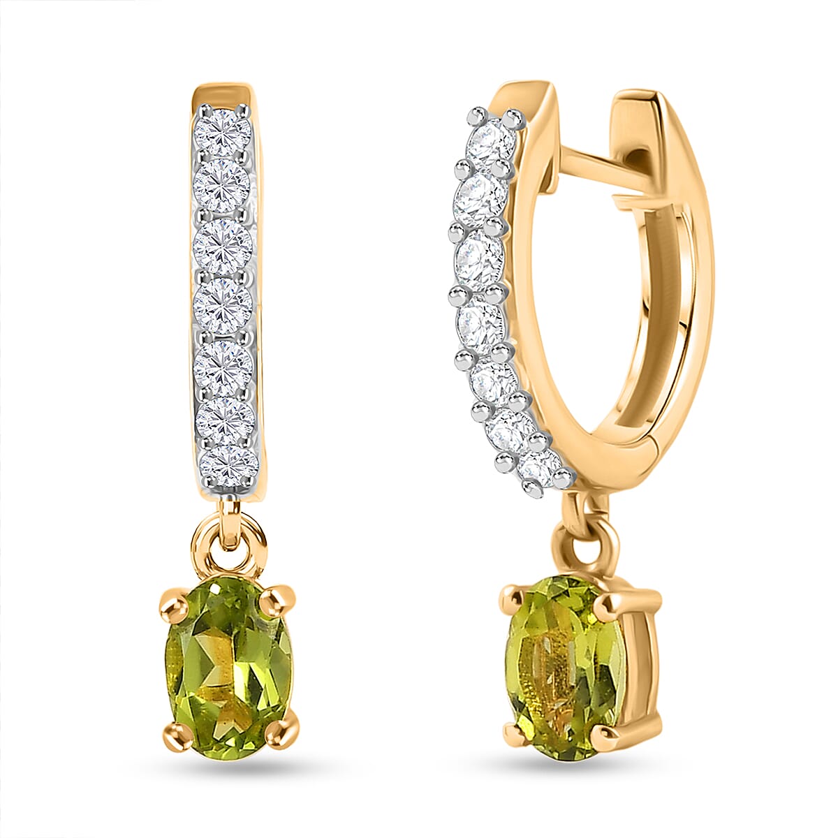 D'joy Morning Leafdrop - Nature's First Light Natural Hebei Peridot & White Zircon Full Hoop Earring in Yellow Gold Plating Sterling Silver 1.35 Ct.