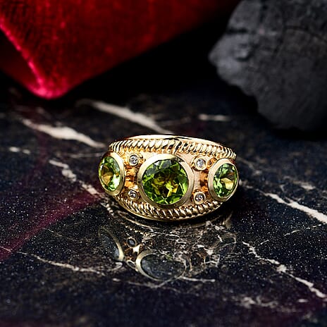 D'joy Natural Hebei Peridot & White Zircon Ring in Yellow Gold Plating Sterling Silver 3.97 Ct, Silver Wt. 6.40 Gms.