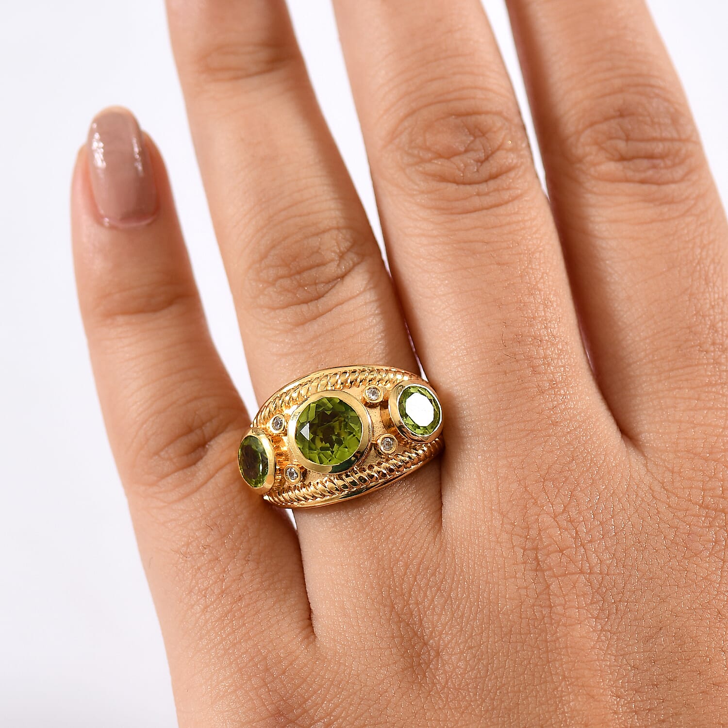 D'joy Natural Hebei Peridot & White Zircon Ring in Yellow Gold Plating Sterling Silver 3.97 Ct, Silver Wt. 6.40 Gms.