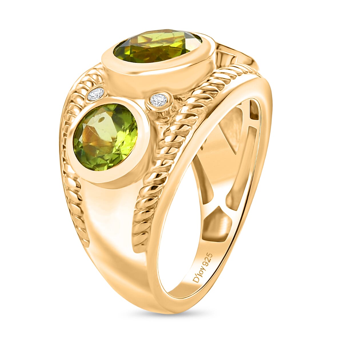 D'joy Natural Hebei Peridot & White Zircon Ring in Yellow Gold Plating Sterling Silver 3.97 Ct, Silver Wt. 6.40 Gms.