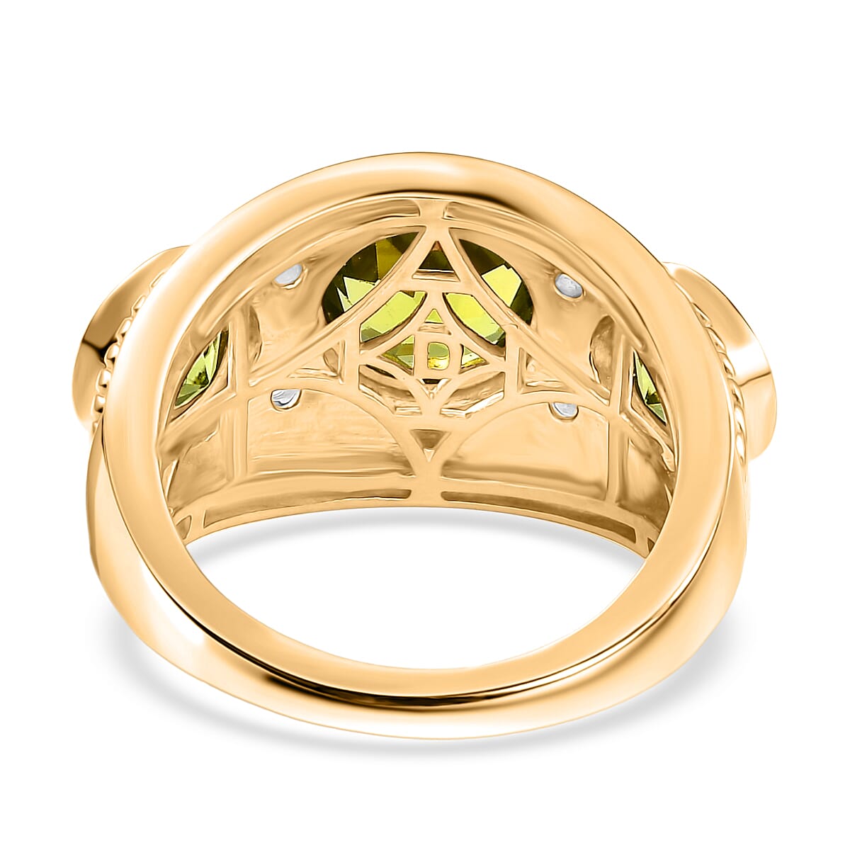 D'joy Natural Hebei Peridot & White Zircon Ring in Yellow Gold Plating Sterling Silver 3.97 Ct, Silver Wt. 6.40 Gms.