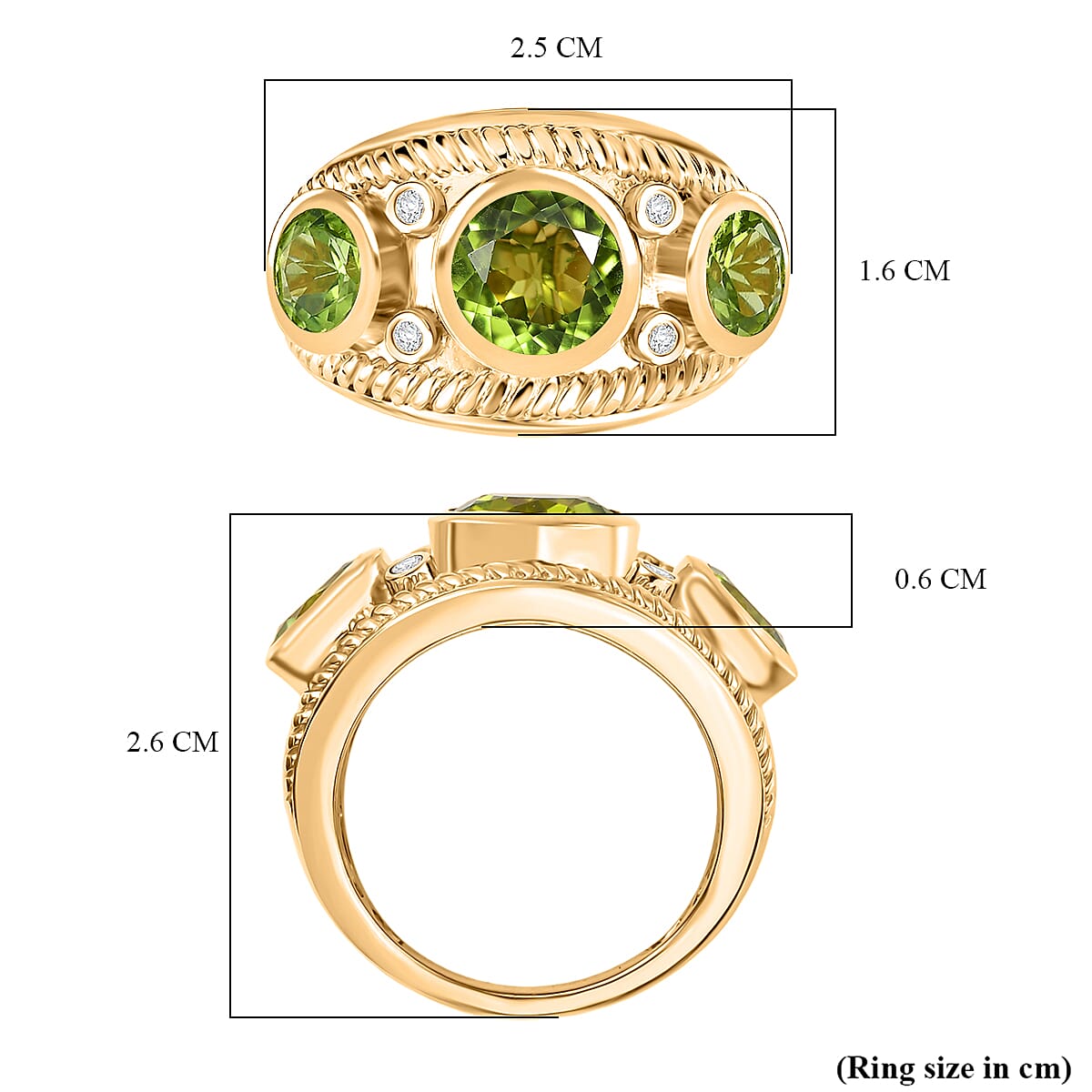 D'joy Natural Hebei Peridot & White Zircon Ring in Yellow Gold Plating Sterling Silver 3.97 Ct, Silver Wt. 6.40 Gms.