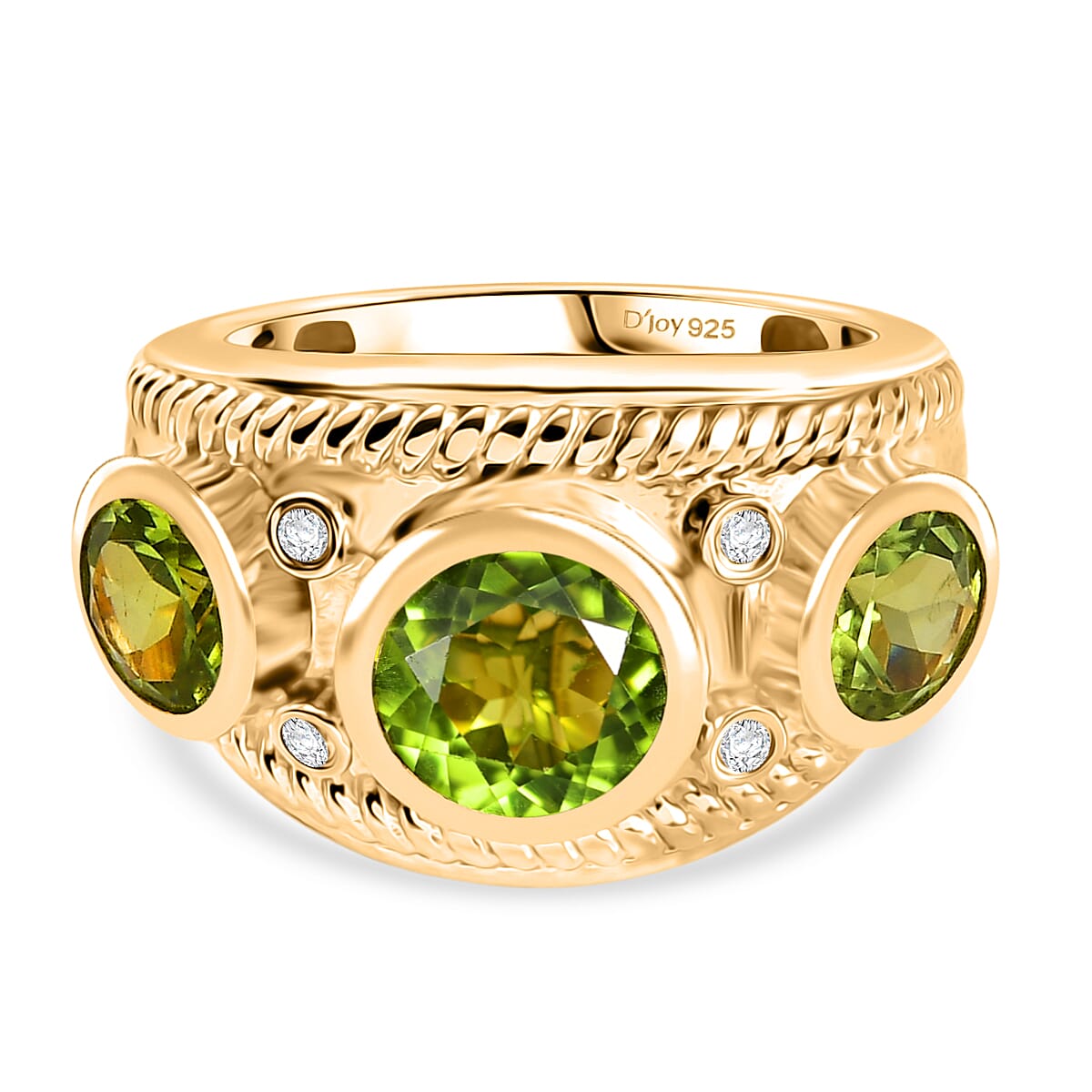 D'joy Natural Hebei Peridot, White Zircon Trilogy Ring in Yellow Gold Plated Sterling Silver 3.97 Ct.