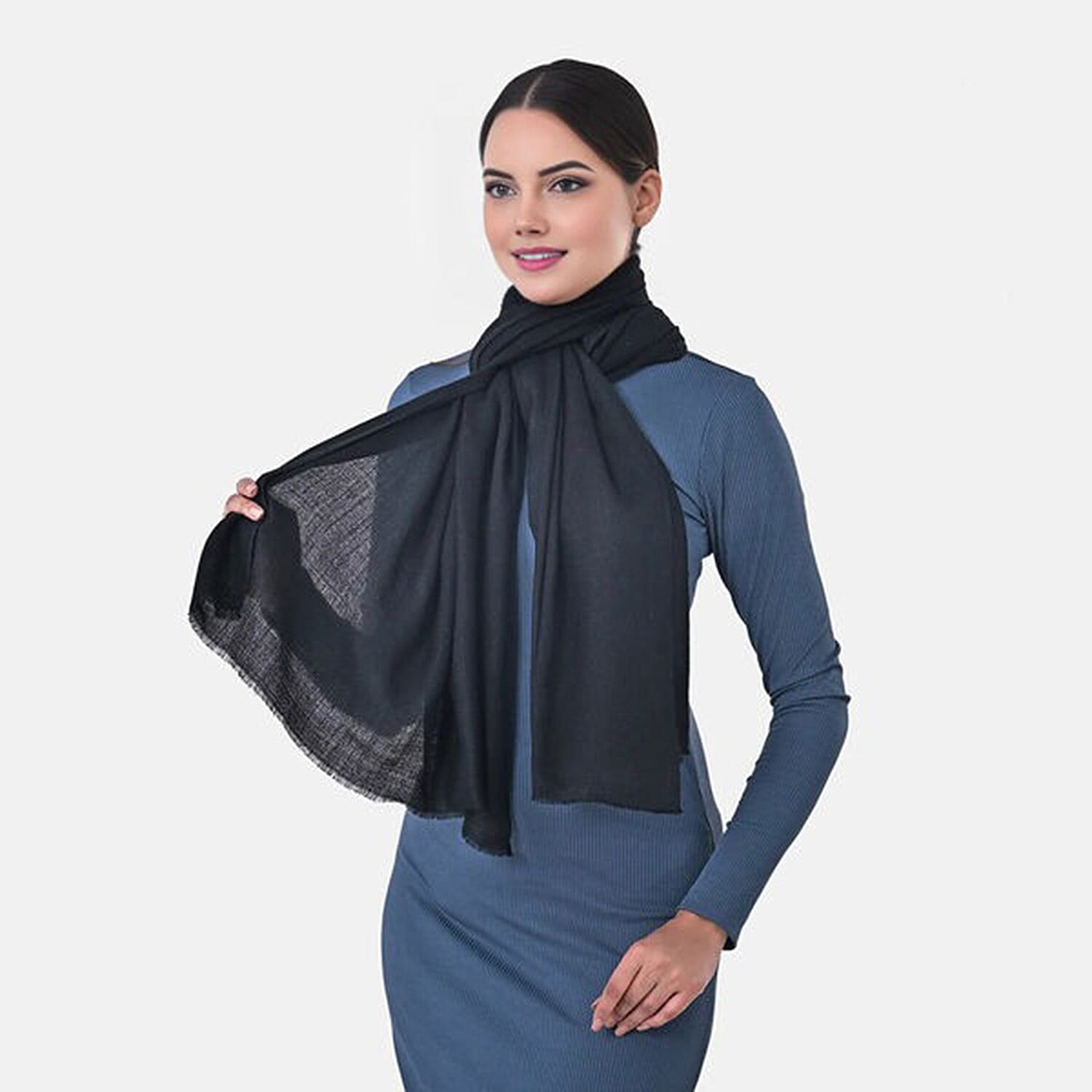 La Marey Signature Cashmere Wool Printed Scarf (Size 195 x 70 Cm) - Black