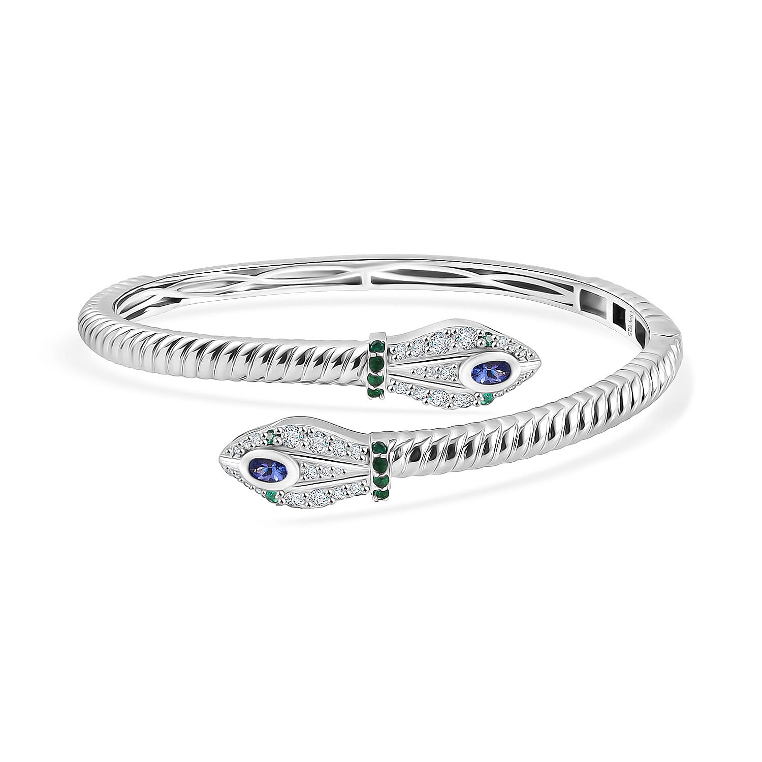 D'Joy Tanzanite, White Zircon, Zambian Emerald Bangle (Size 7.5) in Rhodium Overlay Sterling Silver 2.53 Ct, Silver Wt. 23.05 Gms.