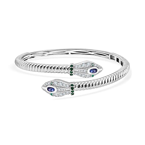 D'Joy Tanzanite, White Zircon, Zambian Emerald Bangle (Size 7.5) in Rhodium Overlay Sterling Silver 2.53 Ct, Silver Wt. 23.05 Gms.