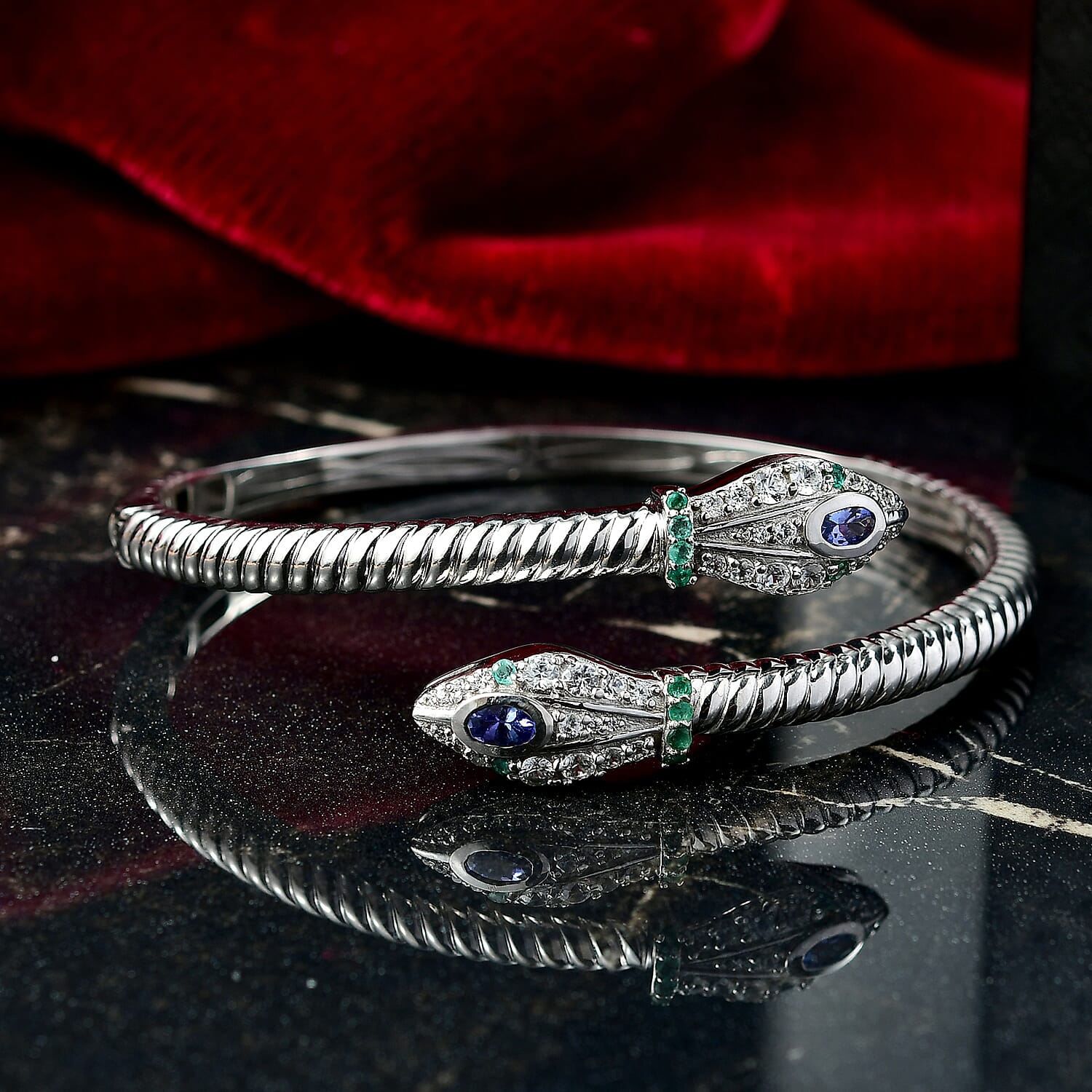 D'Joy Tanzanite, White Zircon, Zambian Emerald Bangle (Size 7.5) in Rhodium Overlay Sterling Silver 2.53 Ct, Silver Wt. 23.05 Gms.