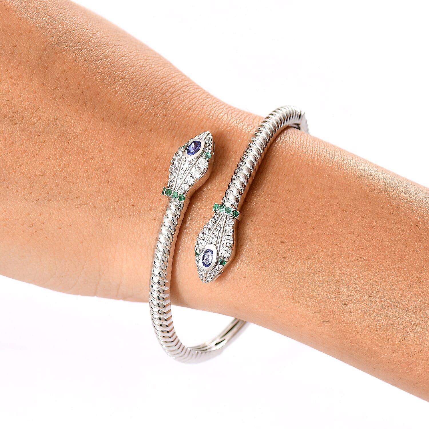 D'Joy Tanzanite, White Zircon, Zambian Emerald Bangle (Size 7.5) in Rhodium Overlay Sterling Silver 2.53 Ct, Silver Wt. 23.05 Gms.